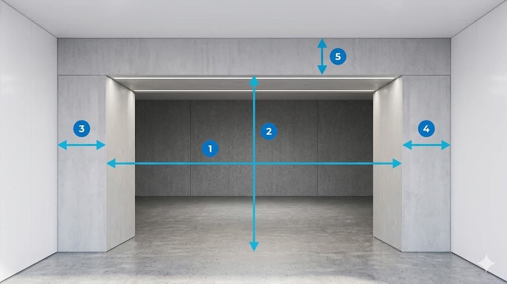 Schéma des 5 dimensions à mesurer pour votre porte de garage