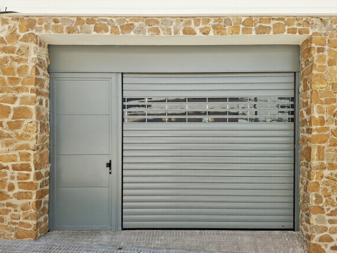 Porte de garage enroulable grise avec bandeau vitré full vision et porte de service