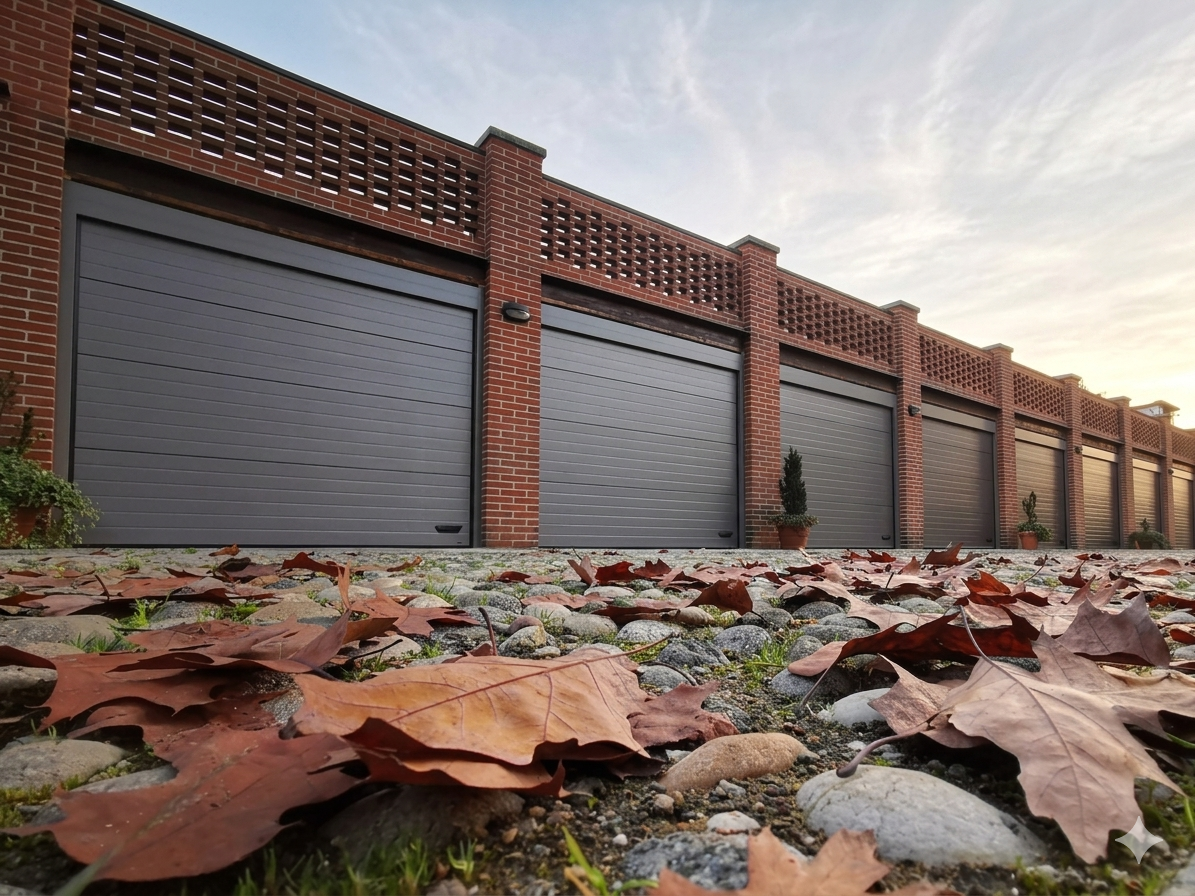 Rangée de portes de garage sectionnelles anthracite GROOVE sur façade en briques