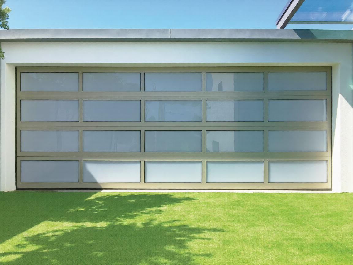 Porte de garage sectionnelle vitrée full vision sur maison moderne