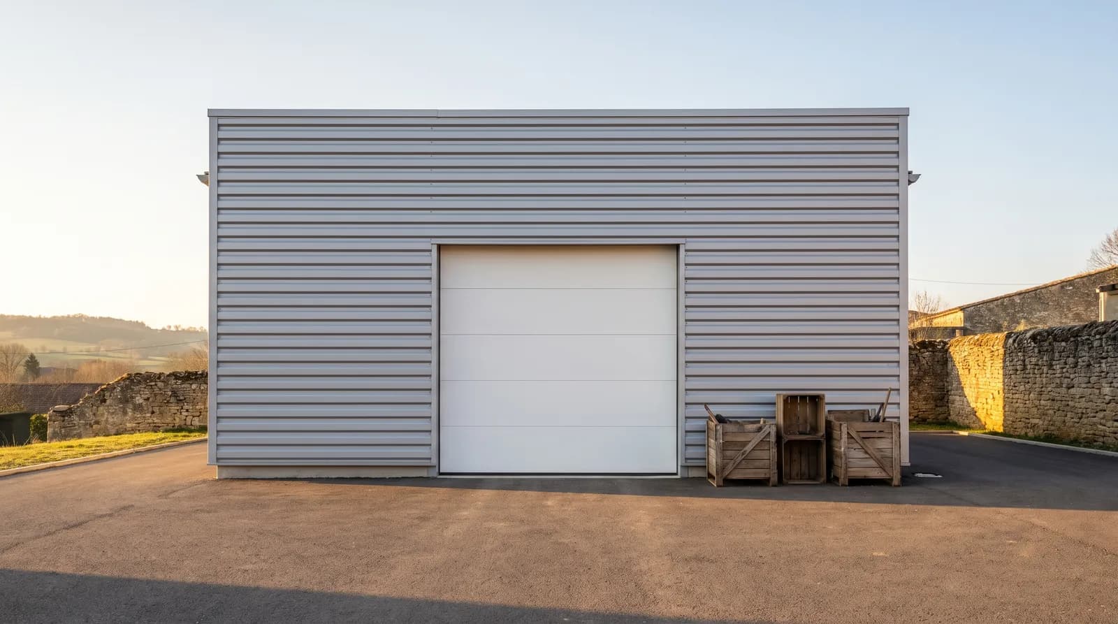 Bâtiment avec une porte de garage sectionnelle blanche