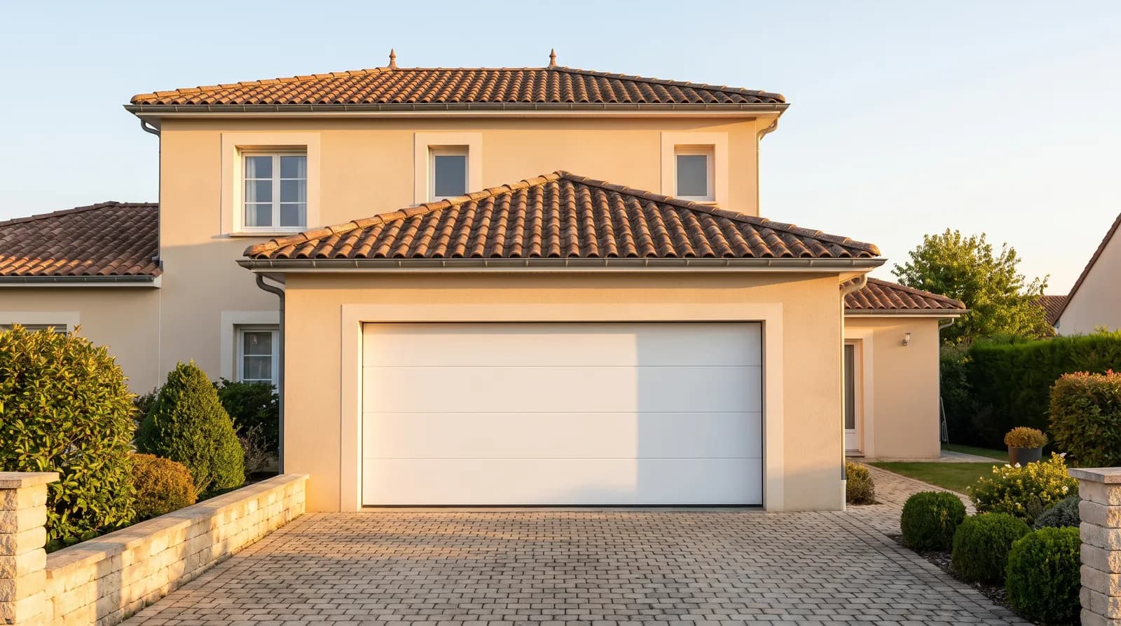 Maison traditionnelle avec une porte de garage sectionnelle blanche