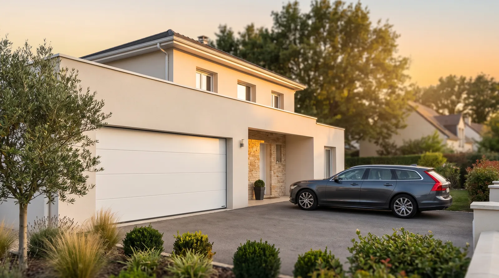 Maison contemporaine avec porte de garage sectionnelle blanche sur mesure