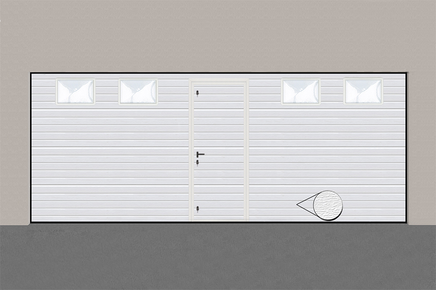 Porte de garage sectionnelle 5000 x 2000 à rainures avec portillon et hublots horizontaux